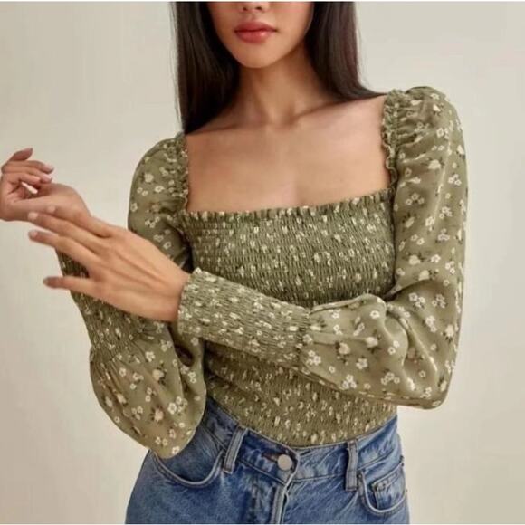REFORMATION Pinto Top Floral Ruffle Square Neck Smocked Puff Sleeve Blouse